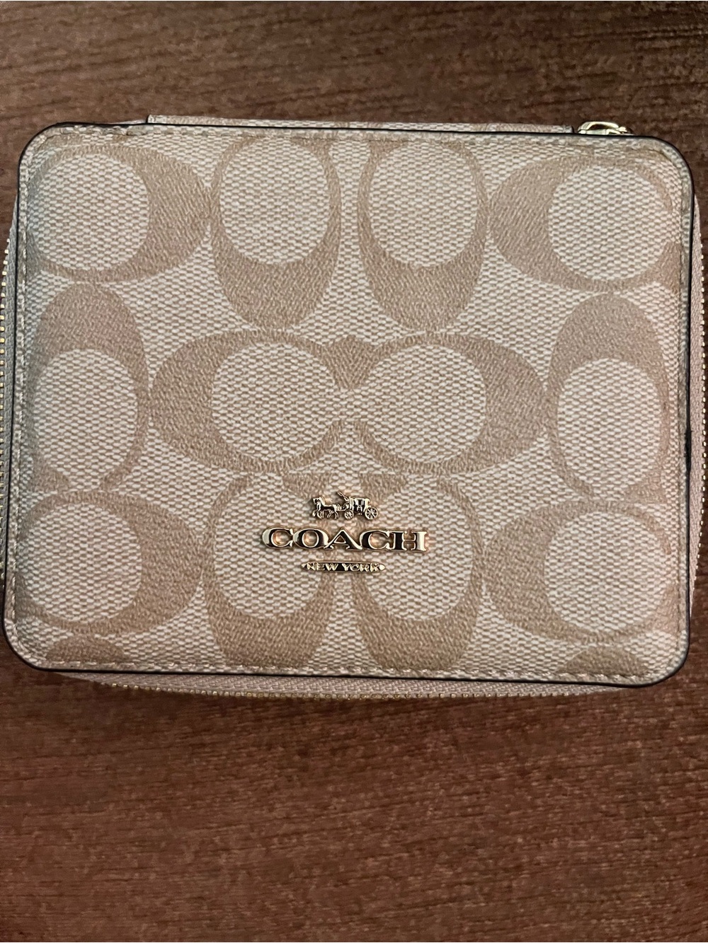 Coach Beige Signature Zip Travel Jewelry Box